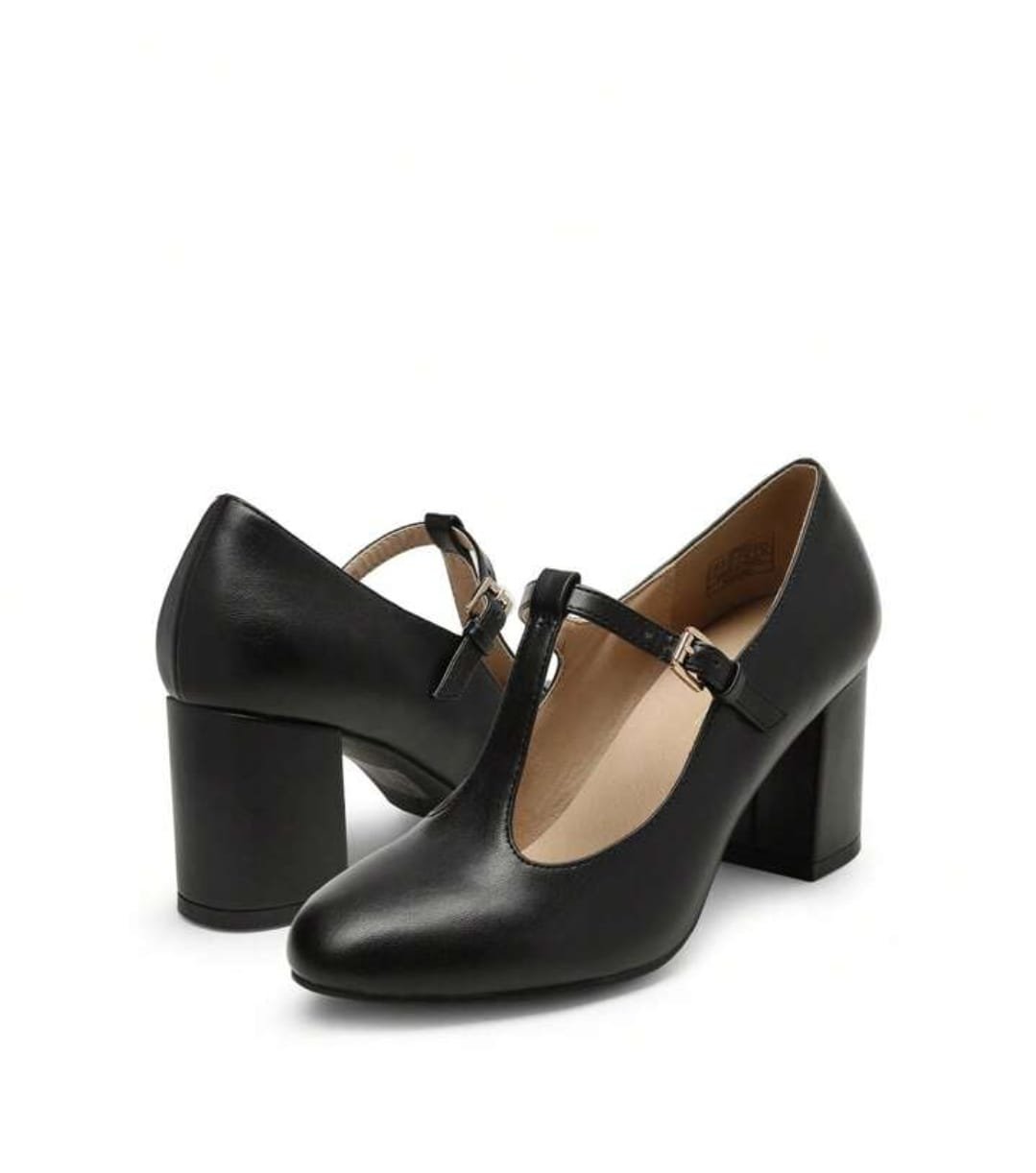 Block Heel Leather Strap Chunky Heel Pumps